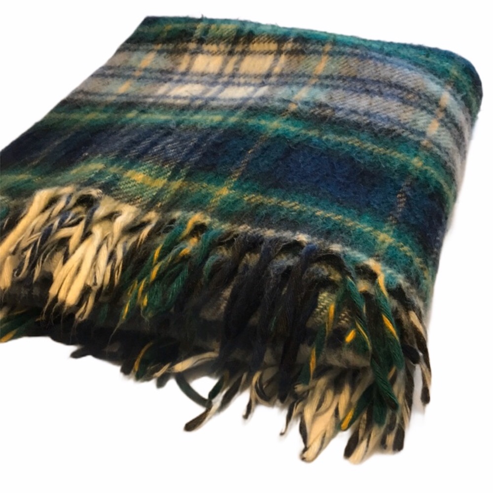 Vintage Throw Blanket Plaid Fringe Green Blue